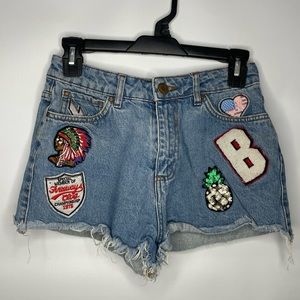Medium Wash High Waisted Jean Shorts with Patches